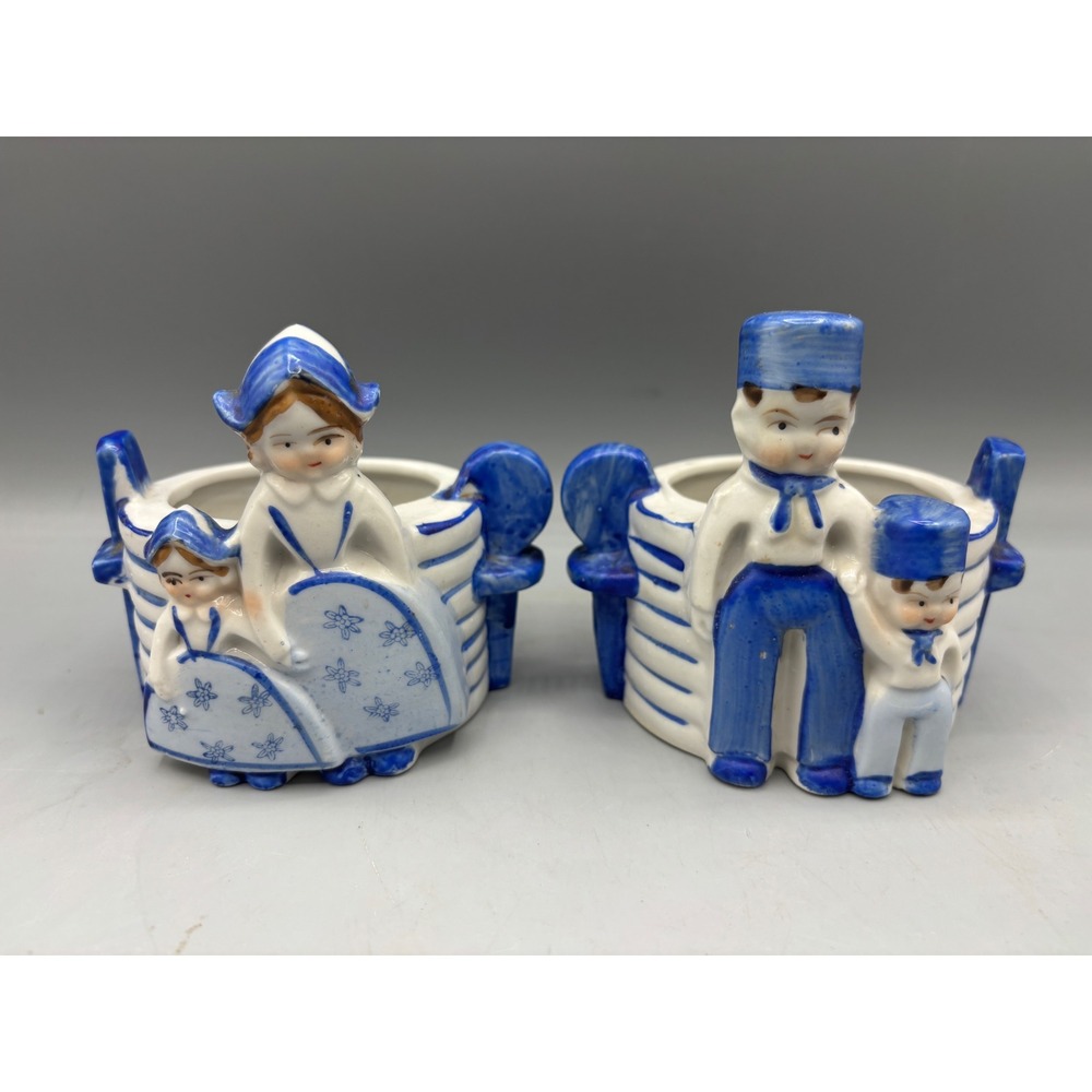 Vtg Japan Delft Style Planters Dutch Boy Girl Couple Ceramic Flower Vase‎ Pair